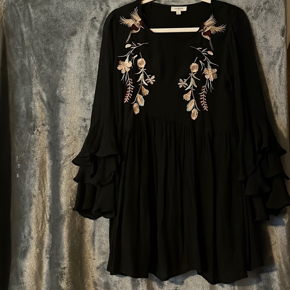 Black Umgee min dress with hand stitched embroidery and Tiered ruffle sleeves